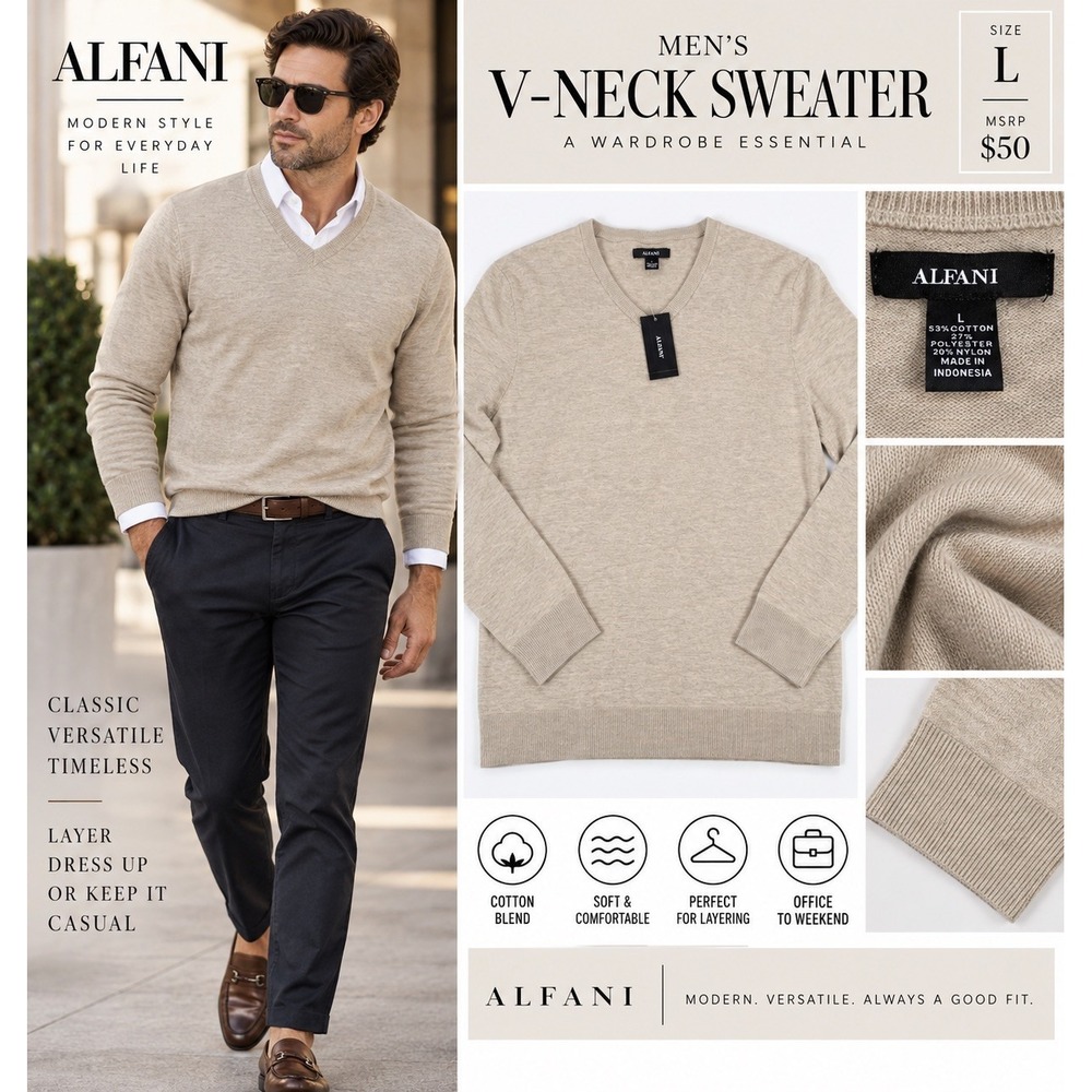 Alfani Men’s V-Neck Sweater Large Beige Heather Cotton Blend NWT $50